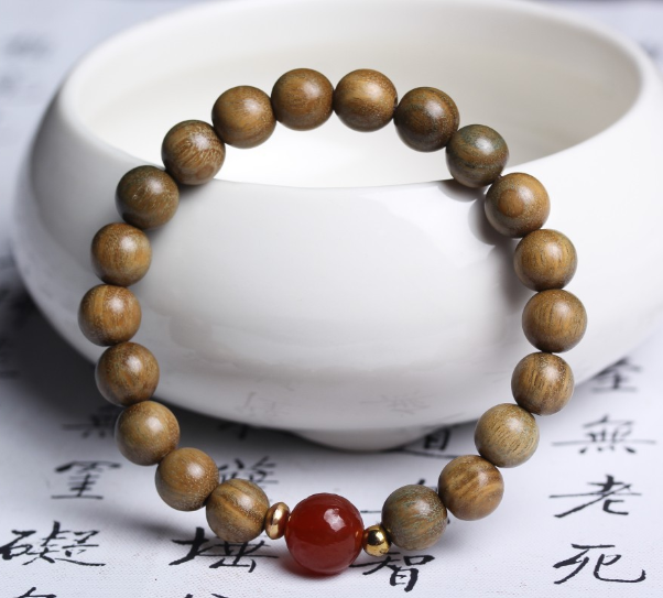 Green Sandalwood Bracelet with Red Bead Accents