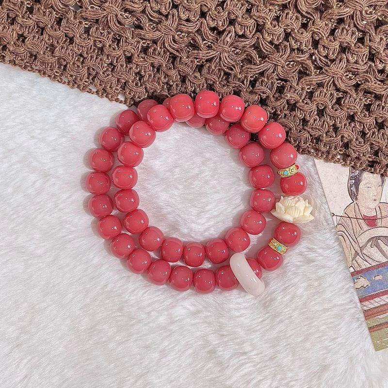 10mm Berry Pink Bodhi Root Double Wrap Bracelet with Lotus