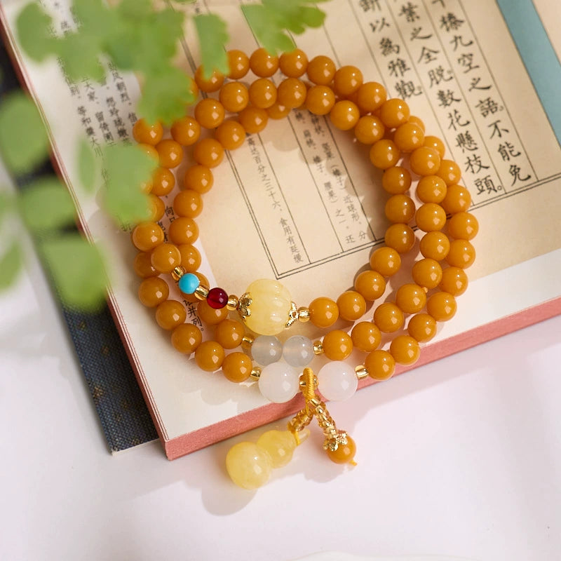 Honey Amber Pumpkin Bead Gourd Pendant Three-Wrap Bracelet