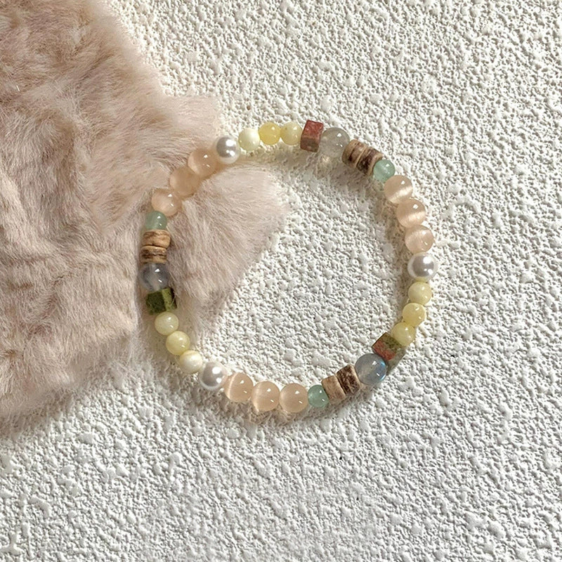 Cat's Eye Stone, Pearl & Coconut Shell Bracelet