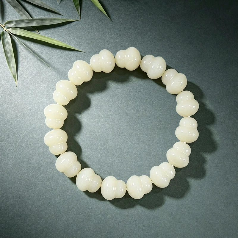 12mm White Bodhi Root Bracelet with Gourd Beads