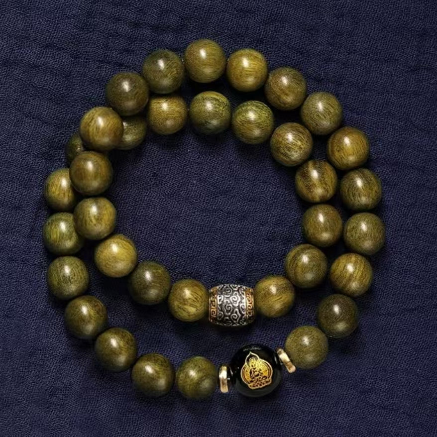 Nanmu Wood Beaded Bracelet with Buddha & Cloud Accents